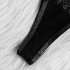 Detalhe: Conjunto Julia NuAuge preto. Lingerie em tecido Spandex/Lycra com borda elástica zig-zag e renda transparente.