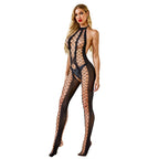 Sentiment Underwear Sexy Temptation preto NuAuge. Body de rede com decote halter, detalhes cruzados e abertura frontal. Foto frente.
