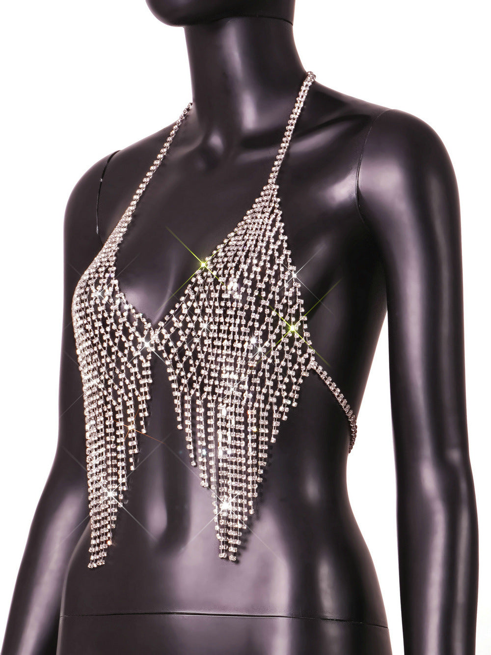 Top Supernova, Body Chain de frente, prata. Com strass reluzentes, design halter e franjas em cascata.
