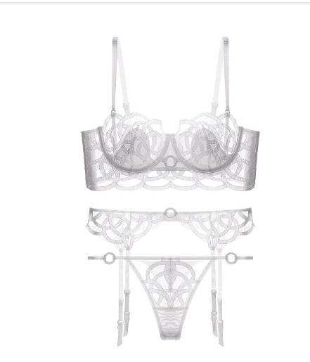 Frente Conjunto Azzurra branco: sutiã push-up estruturado com aro, renda e tule transparente; calcinha fio e cinta-liga.