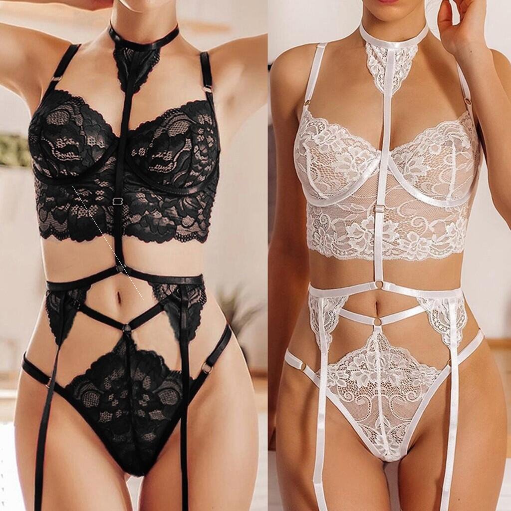 Conjunto Perséfone branco e preto frente: sutiã renda palace 3 pontas, aro, choker, calcinha fio e cinta-liga com alças.
