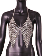 NuAuge Body Chain Supernova prateado. Acessório estilo top halter com strass brilhantes e caimento em cascata. Vista frontal.