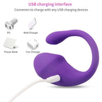 Detalhe: Massageador Plaisir Roxo, ergonômico e controle via app, carregando via interface USB.