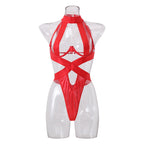 Body Nadine Vermelho NuAuge, frente. Decote halter, com aro, recortes vazados e amarrações sensuais.