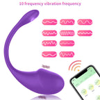 Massageador Plaisir roxo ergonômico, com 10 frequências de vibração. Controle por app via Bluetooth/Wi-Fi. Autocuidado discreto.