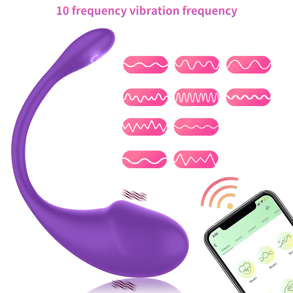 Massageador Plaisir roxo ergonômico, com 10 frequências de vibração. Controle por app via Bluetooth/Wi-Fi. Autocuidado discreto.