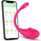 Detalhe do Massageador Plaisir rosa, ergonômico e wearable, com controle via app no smartphone exibindo modos de vibração.