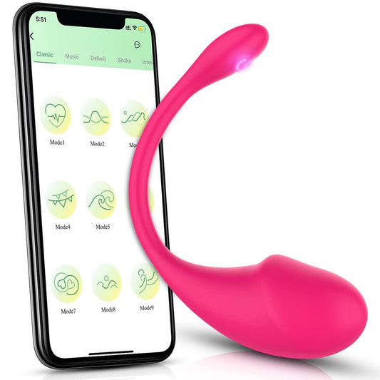Detalhe do Massageador Plaisir rosa, ergonômico e wearable, com controle via app no smartphone exibindo modos de vibração.