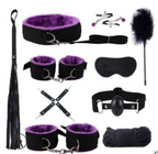 Kit Liaison Roxo NuAuge. Visão geral dos acessórios sensuais: algemas, coleira, chicote, mordaça, venda e presilhas de nylon preto com forro roxo.