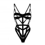NuAuge Body Isabelle preto frente com recortes cruzados, bojo, aro e alças ajustáveis. Lingerie sensual em poliéster.