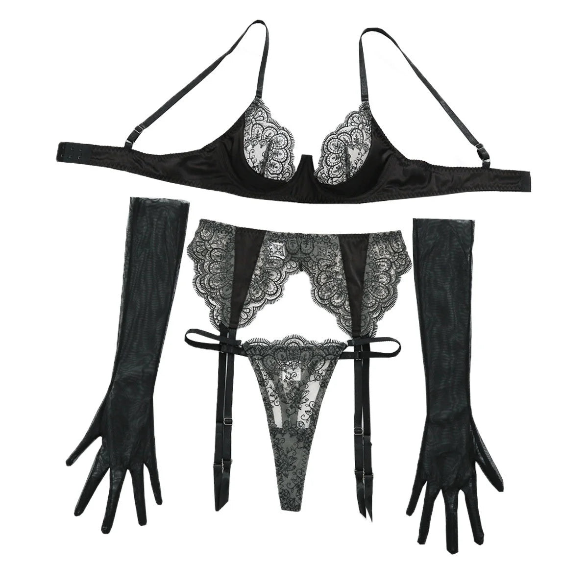 NuAuge Conjunto Cassiopeia preto de frente. Sutiã com aro e renda bordada, calcinha fio, cinta-liga e luvas longas transparentes.