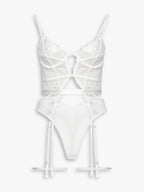 Body Raisa branco: body modelador de renda e mesh transparente, com bojo estruturado e ligas, visto de frente.